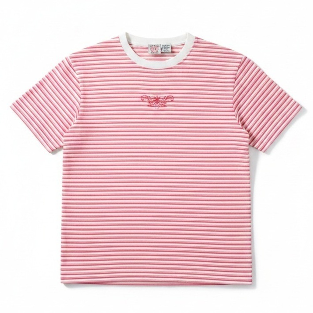 American Weekend Vintage Pink Striped Embroidered Floral T-Shirt,‎ Women's Large